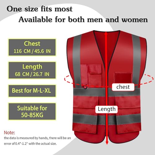 Safety Vests 20 Pack,Hi Vis Construction Vest with 5 Pockets and Zipper,Reflective Vest for Men Women Work One Size - color: Red