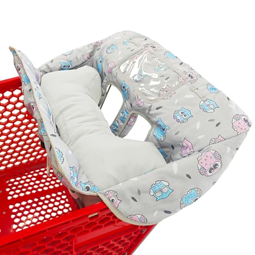 Love&go Soft Pillow Attached 2-in-1 Shopping Cart and High Chair Cover for Baby, Cotton Padded Cart Cover, Fold'n Roll Style, Portable with Carry Bag (Gray Owl) - color: Gray Owl