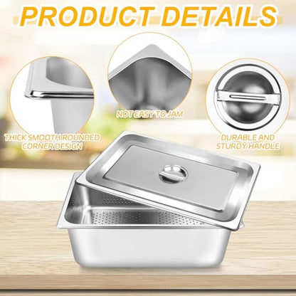 3 Pack Full Size 6 Inch, 8 Inch Hotel Pan with Lid Perforated Steam Table Pan Chafing Pans Steam Table Tray Stainless Steel Restaurant Supplies for Buffets Catering Commercial Kitchen - size: 8 inch