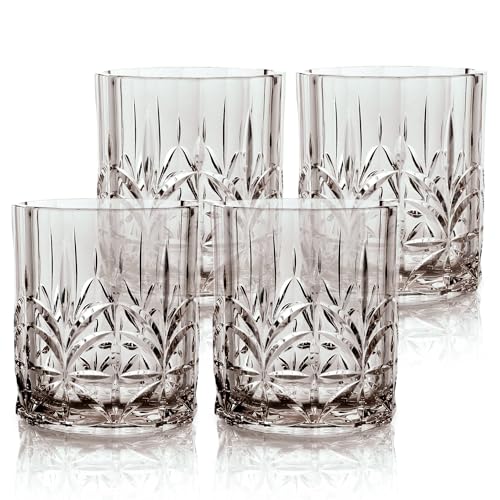 BELLAFORTE Shatterproof Tritan Plastic Short Tumbler, Set of 4, 13oz - Myrtle Beach Unbreakable Crystal Cut Old Fashioned Drinking Glasses for Whiskey - BPA Free - Dishwasher Safe - Grey - color: Gray