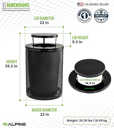 Alpine Outdoor Trash Can 36 Gallon Diamond Steel Commercial Metal Waste Bin with Leak Proof Liner, Heavy Duty Steel Mesh Design, Rain Bonnet Lid & Flat Lid for Parks, Streets, and Public Spaces-Black - style: Rain Bonnet Lid & Flat Lid