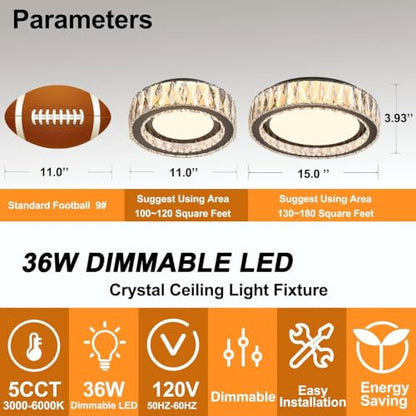 15 Inch LED Dimmable Crystal Flush Mount Ceiling Light Fixture - color: Brushed Black, size: 15 Inch