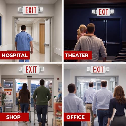 8 Pack Double Sided LED Emergency EXIT Sign Combo, Two LED Lights, Backup Battery, US Standard Red Letter Emergency Exit Lighting, Commercial Grade, 120-277V, Fire Resistant (UL 94V-0)