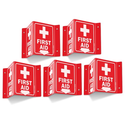 Faittoo First Aid Sign, 5 Pack First Aid with Cross Symbol - 6 x 8 Inches V-Shaped Acrylic Plastic, 4 Pre-Drilled Holes, Includes Matching Screws, Use for Home Office/Business - style: V-shaped 5 Pack