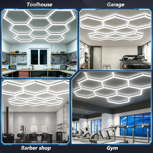 Bevenus Hexagon LED Garage Light, 6500K Super Bright Honeycomb Ceiling Light, Easy Install DIY Hex Lights for Workshop Basement Barbershop Home Gym Car Detailing Shop (8 Grids) - size: 8 Grids