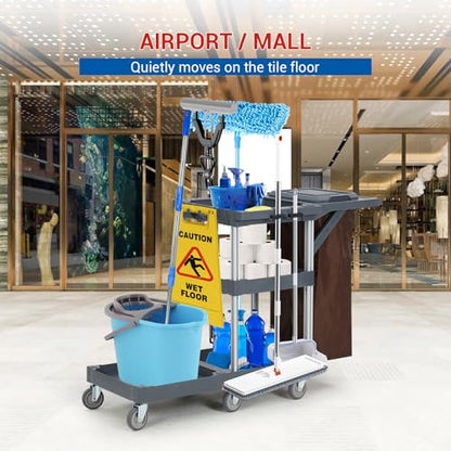 Commercial Traditional Janitorial 3-Shelf Cleaning Cart, Janitorial Carts on Wheels with Cover and Vinyl Bag, Custodial Cart, Housekeeping Carts for Hotels, Stores, Schools, and Business