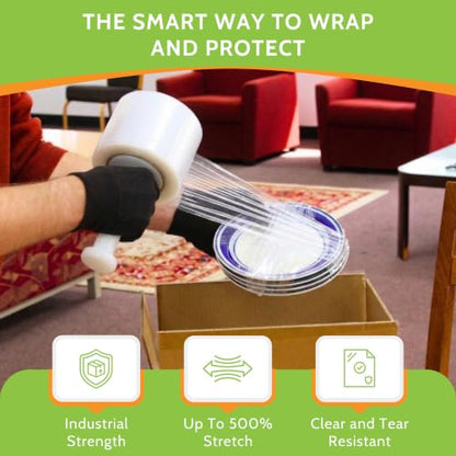 PSBM Mini Stretch Wrap with Plastic Handle, 12 Rolls 5 Inch x 600 Feet 150 Gauge Heavy Duty Clear Plastic Wrap Industrial Strength Shrink Film for Moving, Packing & Shipping - size: 5 Inch, style: 150 GA