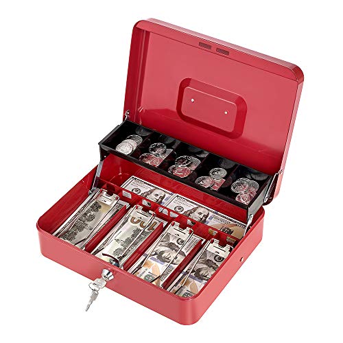 Cash Box with Lock Key and Money Tray, Large Money Box for Cash Register - color: Red