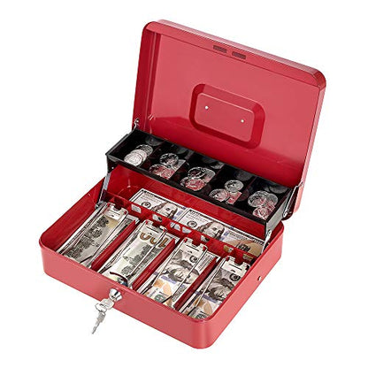 Cash Box with Lock Key and Money Tray, Large Money Box for Cash Register - color: Red