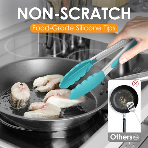 HOTEC Stainless Steel Kitchen Tongs with Silicone Tips, Set of 2-9" and 12" - color: Blue:12+9inch