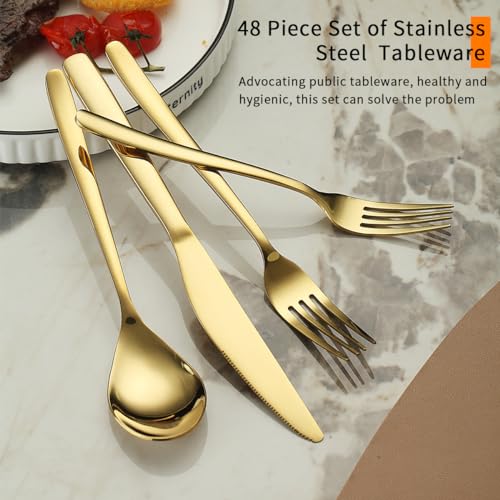 Berglander Gold Silverware Set 48pcs Service for 12, Golden Titanium Plating Stainless Steel Flatware Set, Gold Spoons Forks Knives Set for Home, Wedding, Restaurant, Hotel, Dishwasher Safe - color: c. 48 Pcs