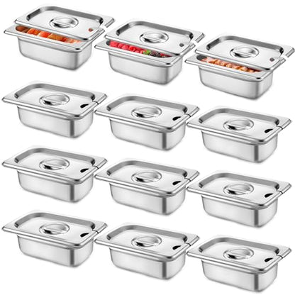 Maxcheck 12 Pack 1/9 Size Stainless Steel Hotel Pans with Lid, 2.5'' Deep