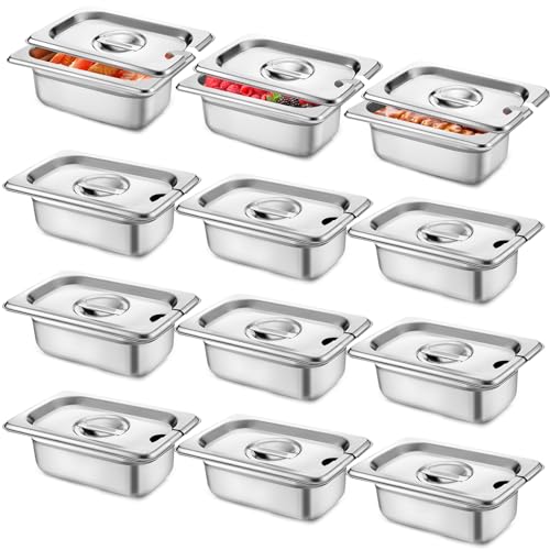 Maxcheck 12 Pack 1/9 Size Stainless Steel Hotel Pans with Lid, 2.5'' Deep