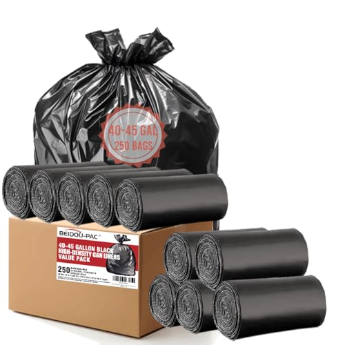 BEIDOU-PAC 40-45 Gallon Lawn & Leaf Trash Bags, 250 Count Bulk, Black Garbage bags, Multi-purpose Trash Can Bin Liners for Home Commercial, Outdoor, Construction, Industrial - style: 40-45 Gallon |14 Micron |250 Count