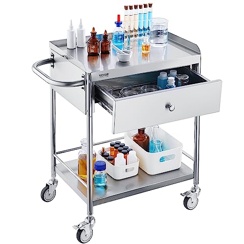 VEVOR Stainless Steel Utility Cart with Wheels - Medical/Dental Lab Cart - 2 Shelves/1 Drawer - style: Catering Cart