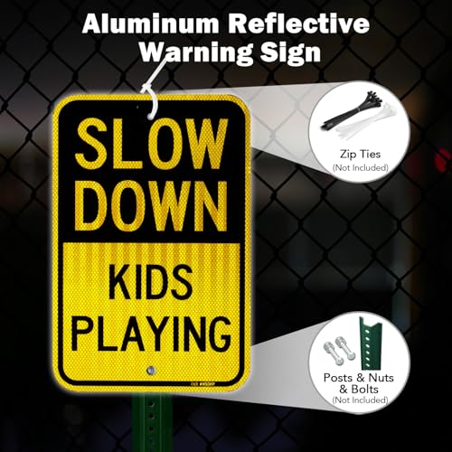 T&R (2 Pack) Slow Down Kids Playing Sign, 18" x 12" Engineer Grade Reflective Sheeting, Rust Free Aluminum, Weather Resistant, Waterproof, Fade Resistant, 2 Pre-drilled Holes - color: 18" x 12" - 2 Pack - Slow Down Kids Playing