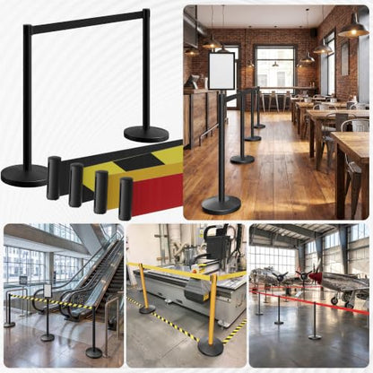 4-Pack Black Stainless Steel Crowd Control Stanchions, 9.8 ft Retractable Black Safety Belts with 1 Sign Holder(Black Belt) - color: Black stanchions w Black Belt, size: 4 pcs