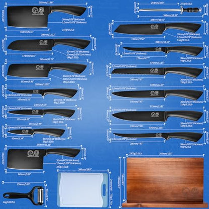XYJ Professional Knife Sets for Master Chefs, Knife Block Set - color: Full Black, size: 16 in 1 with block