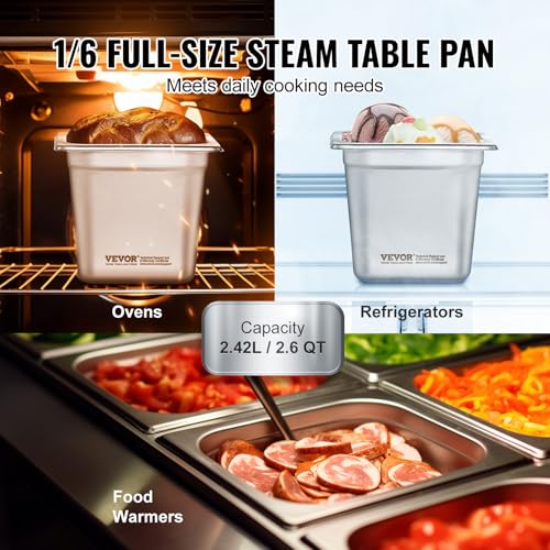 VEVOR 6 Pack Stainless Steel Hotel Pans - 1/6 Size 6-Inch Deep 0.8mm Thick Anti-Jam Commercial Food Pans for Steam Tables, Restaurants, Catering & Industrial Use - size: 1/6 Size, style: 6 Inch Deep Thickened