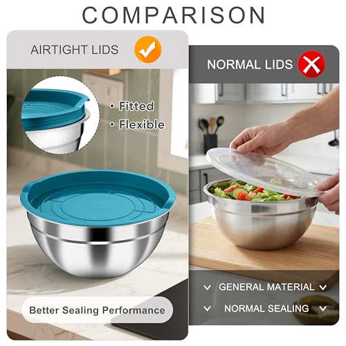 HaWare Mixing Bowls with Airtight Lids, 6-Piece Stainless Steel Salad Bowls - color: Teal Blue, size: Airtight Lids