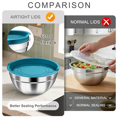 HaWare Mixing Bowls with Airtight Lids, 6-Piece Stainless Steel Salad Bowls - color: Teal Blue, size: Airtight Lids