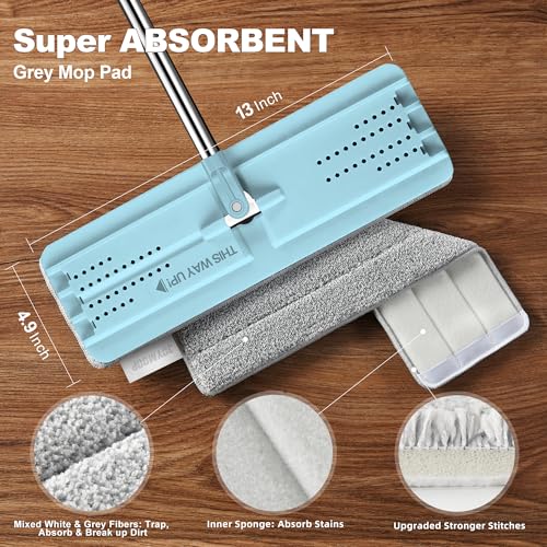 JOYMOOP Flat Mop System, Microfiber Floor Cleaning Tool, 50" Handle with 13" Flat Head, Pale Aqua, Includes Washable Microfiber Pad - color: N