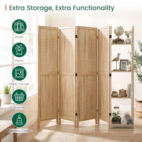 Svimi Pegboard Room Divider with Shelves, 4 Panel Display Screen, Natural - color: Natural-shelves, size: 4 Panels