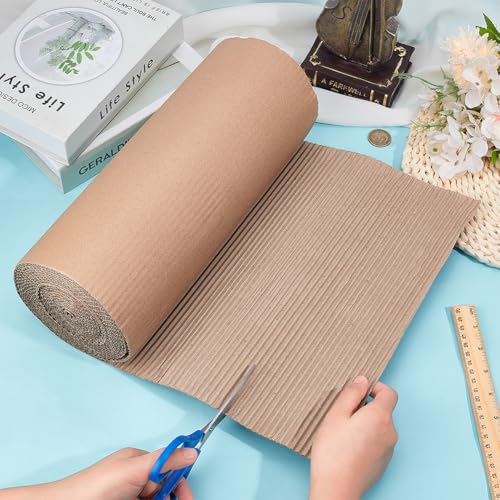 BENECREAT 196.8 x 13.8 Inch Brown Single Face Corrugated Cardboard Roll, Corrugated Wrap Paper for Gift Packing, Storage, DIY Crafts, Shipping, 2.5mm Thick - size: 196.8x13.8 Inch