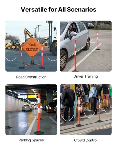 VEVOR 2 Pack Traffic Delineator Posts, 34 in Traffic Safety Cones with Weighted Base, Reflective Strips and Chain, Heavy Duty Delineator Posts for Construction Site, Parking Lot, Crowd Control, Red - size: 2 Pack