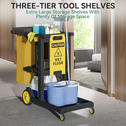 YITAHOME 3-Shelf Cleaning Carts on Wheels, Black Janitorial Cart - color: Black
