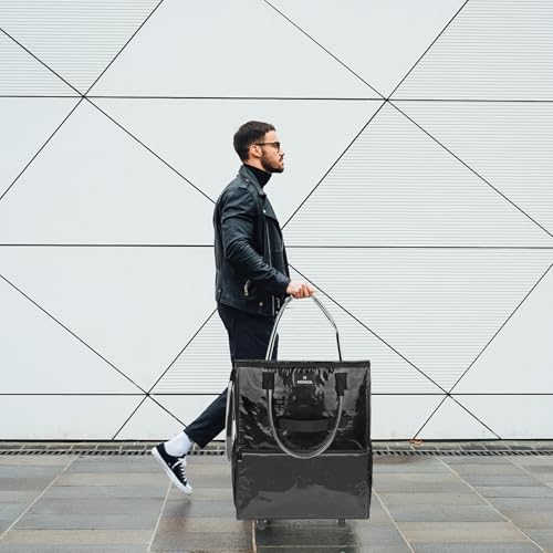 Reusable Grocery Bag on Wheels, Foldable Rolling Tote Bag with 6 Pockets - color: Black, size: Small