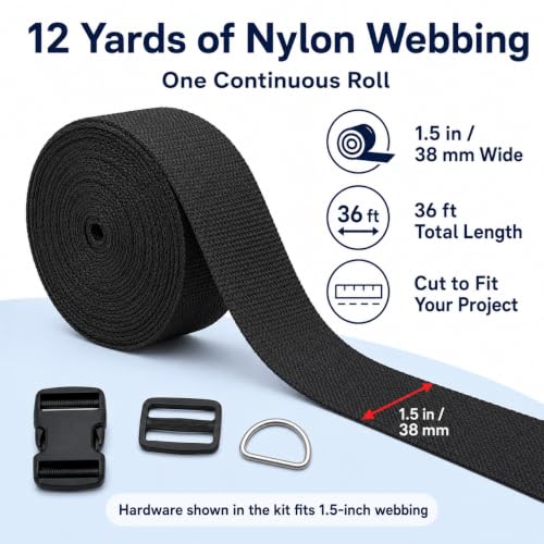 1.5 Inch Straps and Buckles Set, 12 Yards Nylon Webbing Strap, 12 Pack Release Buckles, 24 Tri-Glide Slide Clips, 12 Pack Metal D-Rings MaHeavy Duty Adjustable Quick Snap Fasteners, No Sewing Required - size: 1 1/2" 12 Pcs Buckle Set