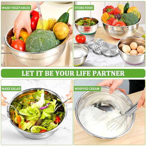 Mixing Bowls with Lids Set,10pcs Stainless Steel Mixing Bowls with Graters and Egg Whisk &Non-Slip Bottoms Food Prep Nesting Bowls for Baking, Cooking, Meal Storage(1.2QT-5.5QT)