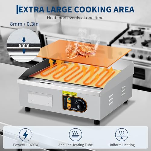 18” Commercial Electric Griddle, 120V 1750W Countertop Griddle, 120-570°F Adjustable Temp, Stainless Steel Electric Flat Top Grill with Removable Drip Tray for Restaurant/Kitchen/Home - size: 18inch