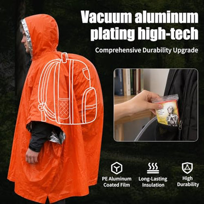 Emergency Mylar Poncho – Survival Rain Poncho with Hood – Lightweight, Compact, Reusable Emergency Blanket Poncho for Hiking, Camping, Thermal Gear, Car Kit, Outdoors