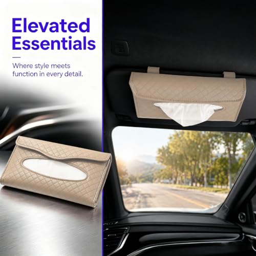 Car Visor Tissue Holder, Clip-on, Large Opening, PU Leather, Khaki - color: Khaki