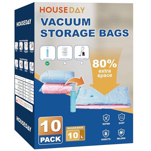 HOUSE DAY 10 Large Vacuum Storage Bags with Pump,Space Saving Vacuum Seal Bags For Clothing Travel, Vacuum Storage Bags For Clothes, Comforters, Blankets, Pillows, Moving, Reusable & Durable,Hand Pump - size: 10 Large