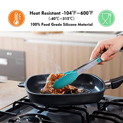 HOTEC Stainless Steel Kitchen Tongs with Silicone Tips, Set of 2-9" and 12" - color: Blue:12+9inch