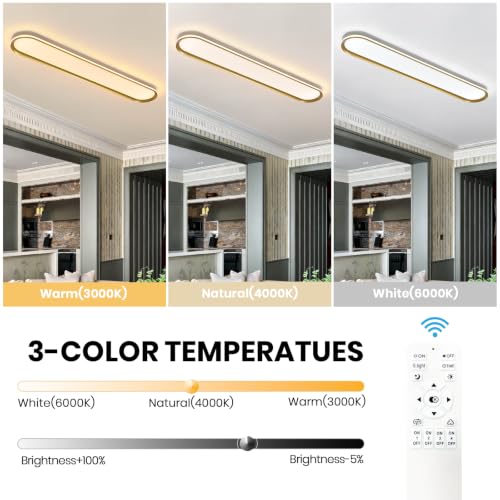 ADISUN Modern LED Ceiling Light Dimmable Linear Ceiling Light 47in Semi Flush Mount Long Lights with Remote Control and Side Lighting for Living Room Kitchen Dining Room Gold - color: Gold-1Pack, size: 47 Inch
