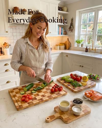 Cutting Board Set of 3 with Holder Checkered Cutting Boards for Kitchen - color: Natural - Set of 3