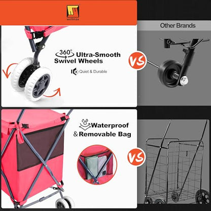 Wellmax Folding Shopping Cart with Canvas Bag & Cover, Holds 120 lb, Pink - color: Pink