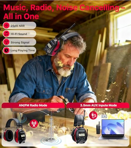 Digital AM/FM Radio Hearing Protection Earmuffs, 25 dB NRR - color: Am Fm Radio + Red