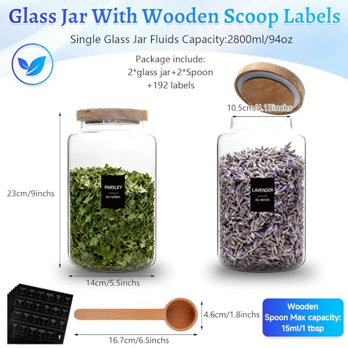 Glass Coffee Jar with Wood Lids Spoon Labels Clear Coffee Ground Canister set of 2,Borosilicate Glass Food Containers for Spice Cookies Sugar Tea Bar (2800ml/94oz-2 pack-with spoon) - color: 2800ml/94oz-2 pack-with spoon
