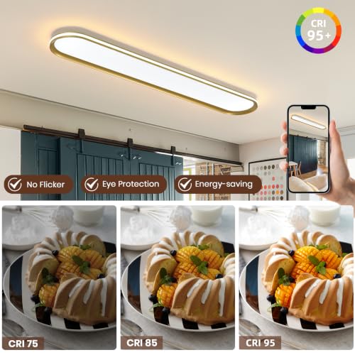 ADISUN Modern LED Ceiling Light Dimmable Linear Ceiling Light 47in Semi Flush Mount Long Lights with Remote Control and Side Lighting for Living Room Kitchen Dining Room Gold - color: Gold-1Pack, size: 47 Inch