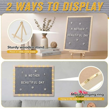 12 x 16 Inches Felt Letter Board & LED Light, Gray, Natural Wood - color: Gray, size: 12 x 16 Inches, style: Natural Wood