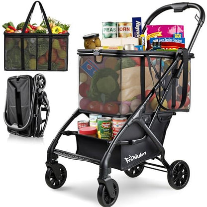 Folding Shopping Cart with Wheels, 75lbs Multi Use Grocery Carts with 360° Wheels & Removable Tote Bag, Multifunctional Portable Personal Shopping Carts for Groceries (30 Gallon)
