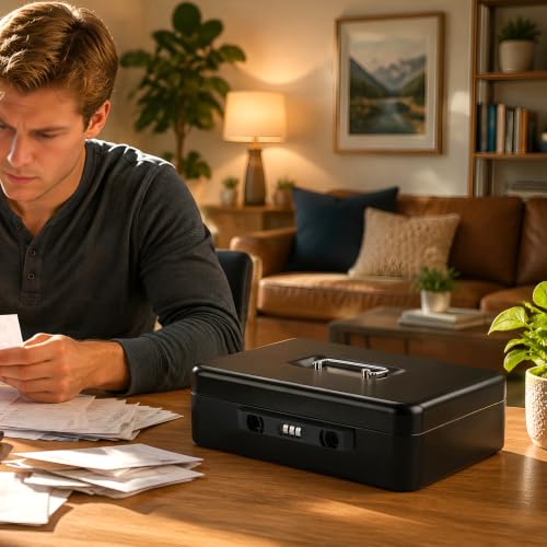 Jssmst Metal Cash Box with Money Tray and Lock, Portable Cash Drawer, 11.8" - color: Black Code-B