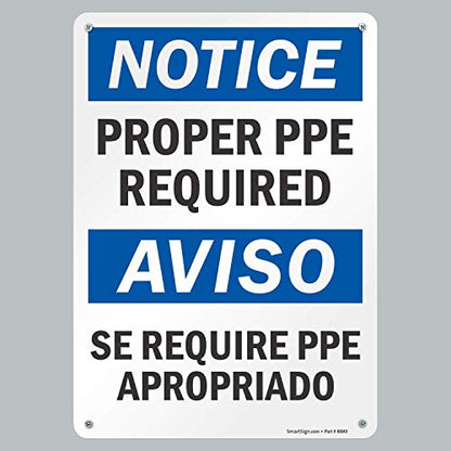 Smartsign S-7422-PL-14 "Notice: Proper PPE Required" Plastic Sign, Bilingual, 14" x 10", Black/Blue on White - size: 10" X 14"Plastic