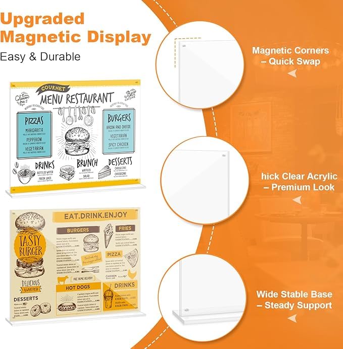 17x11 Acrylic Sign Holder Table Top with Magnetic Corners, 2-Pack – Quick Change Display Stand for Menus, Posters and Ads, Restaurant, Office, Events, Retail, Large Size