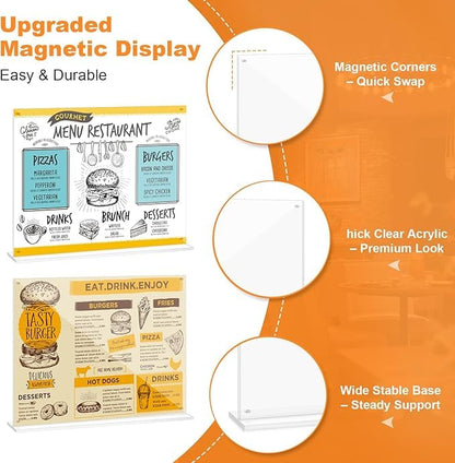 17x11 Acrylic Sign Holder Table Top with Magnetic Corners, 2-Pack – Quick Change Display Stand for Menus, Posters and Ads, Restaurant, Office, Events, Retail, Large Size